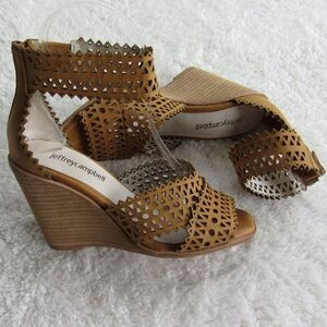 Free People Jeffrey Campbell Clara Sandal Wedge Tan Leather Laser Cut Size 5 GUC